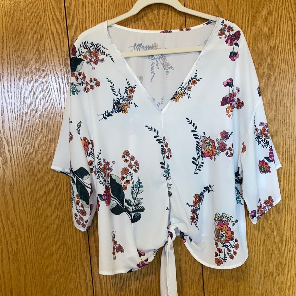 Sheer floral front tie blouse bell sleeves no label L